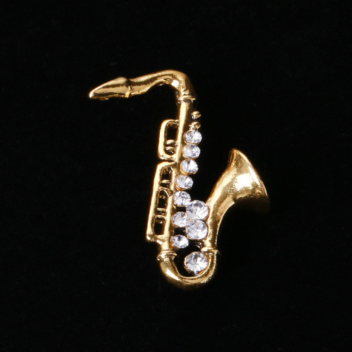 Stylish, Versatile Alloy Rhinestone-Encrusted Saxophone Brooch for Shirts, Coats, and Women's Accessories—Factory Wholesale
