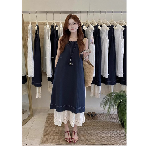 French lace spliced faux two-piece vest dress, women's summer new loose A-line maxi dress, elegant one-piece skirt.