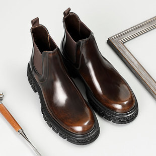 Chelsea boots men's cigarette holder thick bottom height increasing short boots trendy cowhide men's high-top leather shoes British big toe Martin boots