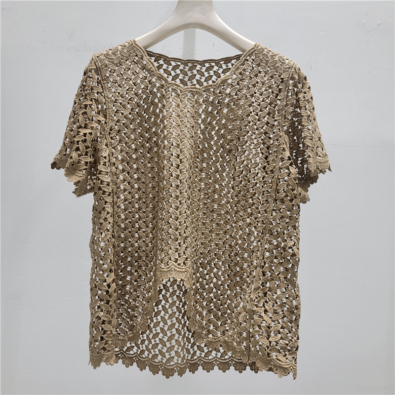 Camiseta de mangas cortas de encaje hueco irregular, camiseta de mujer, gran tamaño de verano, gorda mm, delgada y hermosa camiseta única
