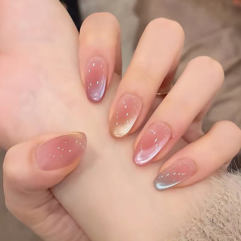 Colorful [Ice Translucent Rainbow] Minimalist Style Peach Milky Nails Nude Pink Clear Gradient Cat Eye Nail Tips