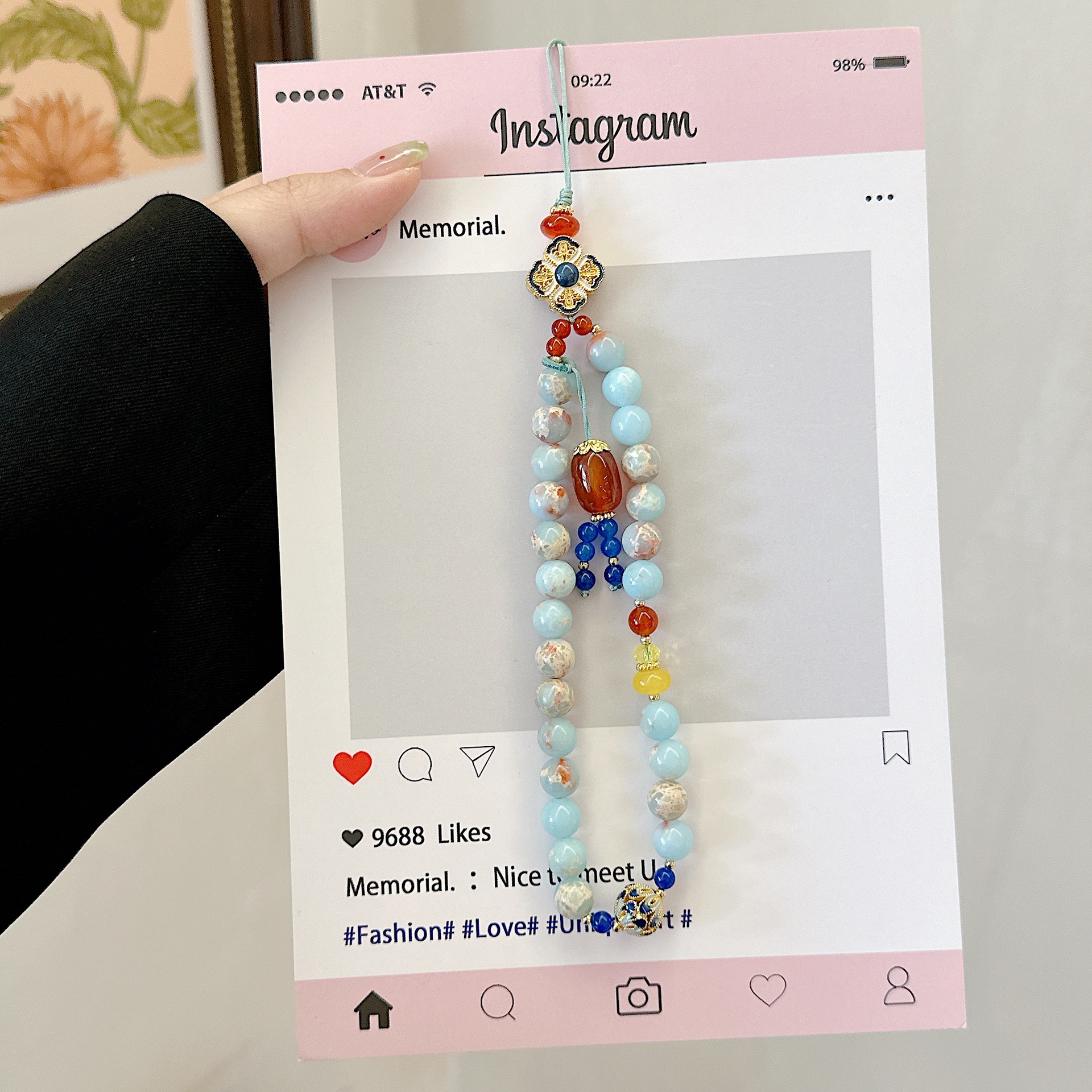 Cadena de teléfono móvil de alta gama hecha a mano boutique, piedra de ágata natural cloisonné, cordón de teléfono móvil de moda, colgante de cadena corta