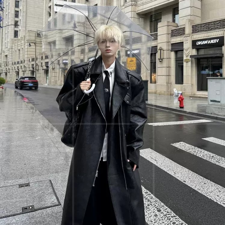 Heavy-duty American street style cool leather jacket, long motorcycle leather jacket with large lapel, men's autumn and winter coat