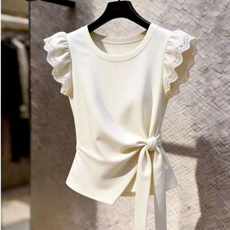French-Style High-End Design Round-Neck Tie-Up Irregular Flutter Sleeve T-Shirt for Women, 2026 Summer New Elegant Top French-Style High-End Design Round-Neck Tie-Up Irregular Flutter Sleeve T-Shirt for Women, 2026 Summer New Elegant Top