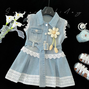 2025 New Baby Girl Summer Denim dress Styline Children's Lace Spliced Denim dress Trendy