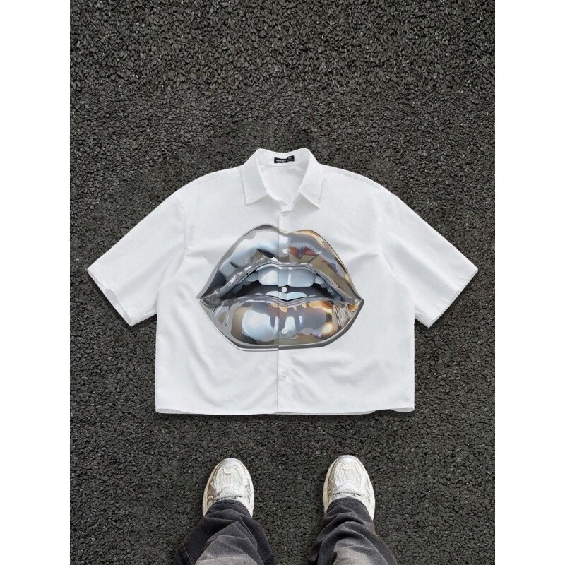 2026 European and American Cross-Border High Street American-Style Trendy Tops with Large Mouth Print Pattern Unisex Summer Fashion Shirts Fr