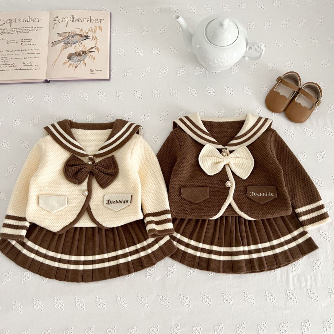 Girls' Sweater 2023 Autumn/Winter New College Two Piece Set Navy Style Korean Knitted Bow Skirt_voghion.com