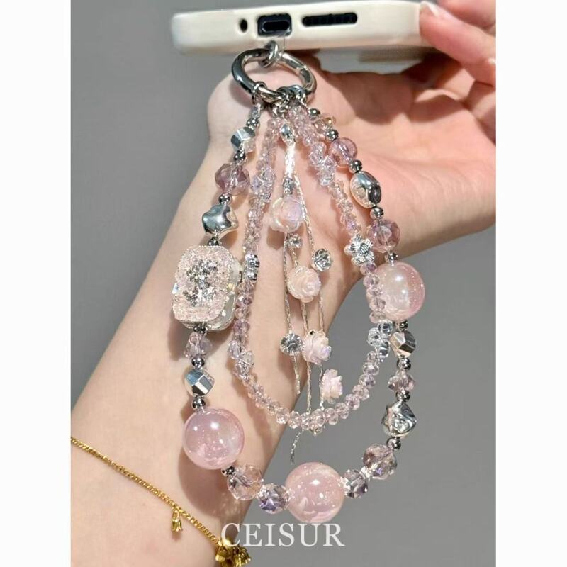 [Lucky Rose] Pink Beaded Rose Tassel Double-Layer Money Bag Mobile Phone Chain Unique Classy Pendant Bag Pendant