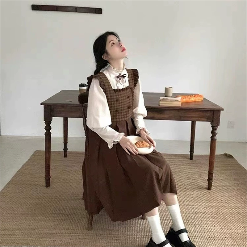 Безрукавное платье, рубашка, комплект, корейский стиль, высокая талия, квадратный вырез, силуэт A‑линии