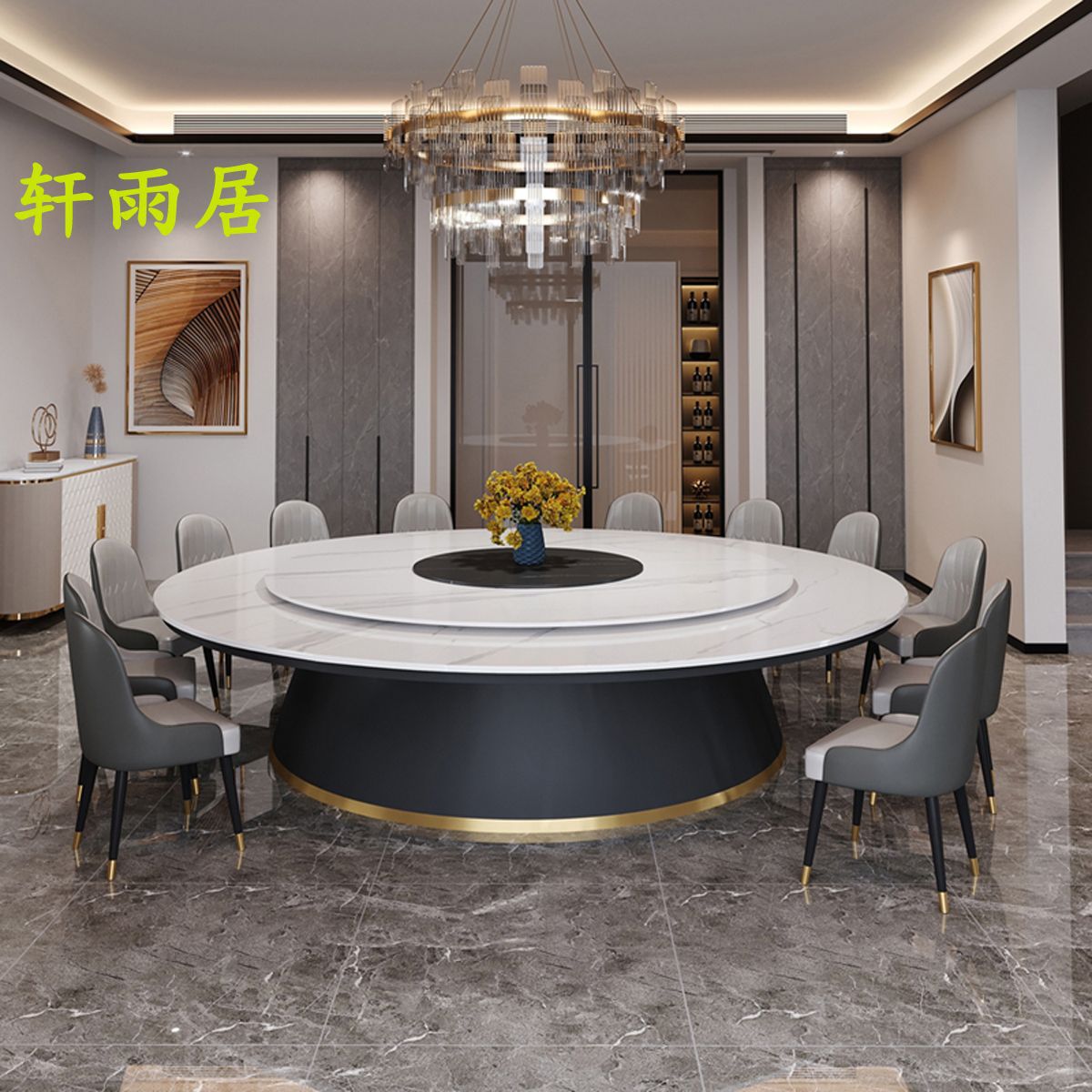 酒店电动餐桌岩板圆桌饭店餐厅圆形轻奢电磁炉桌可旋转火锅转盘
