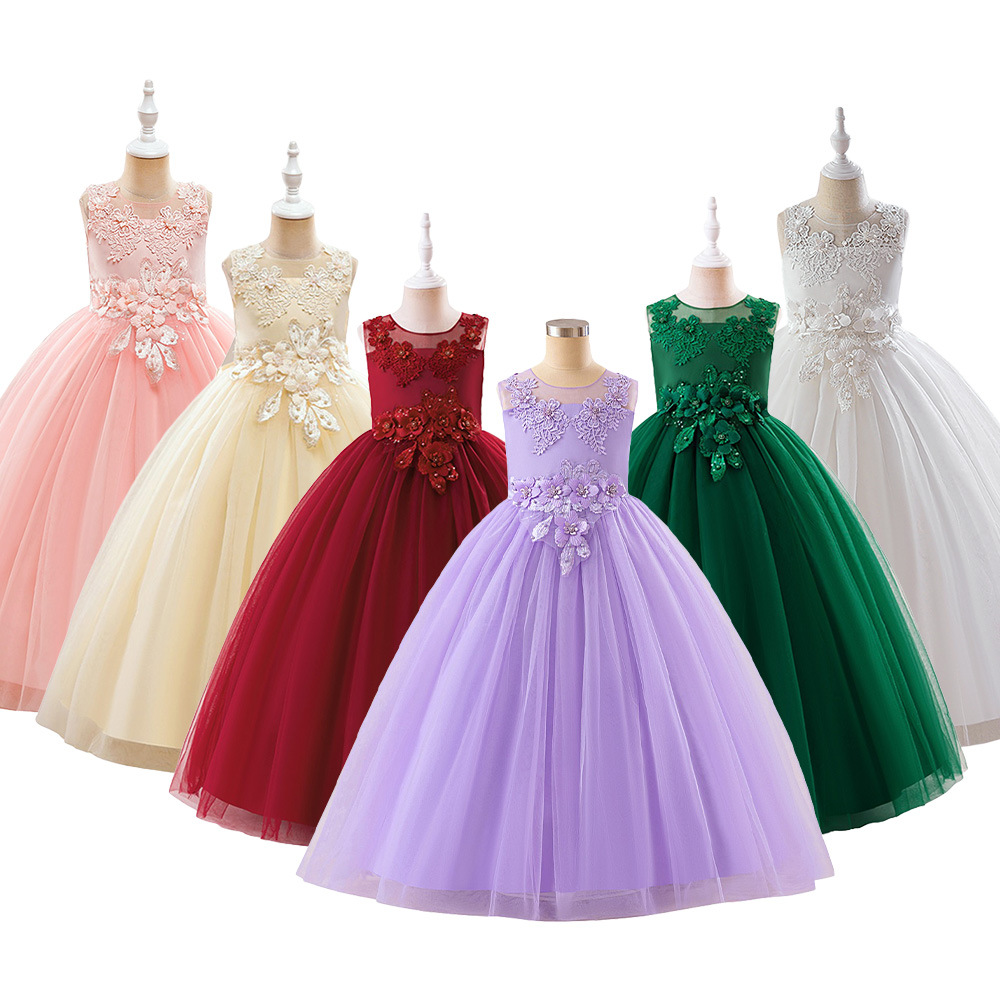 Vestido largo de princesa para niñas, estilo moderno, con malla, bordados y apliques, sin mangas, para actuaciones.