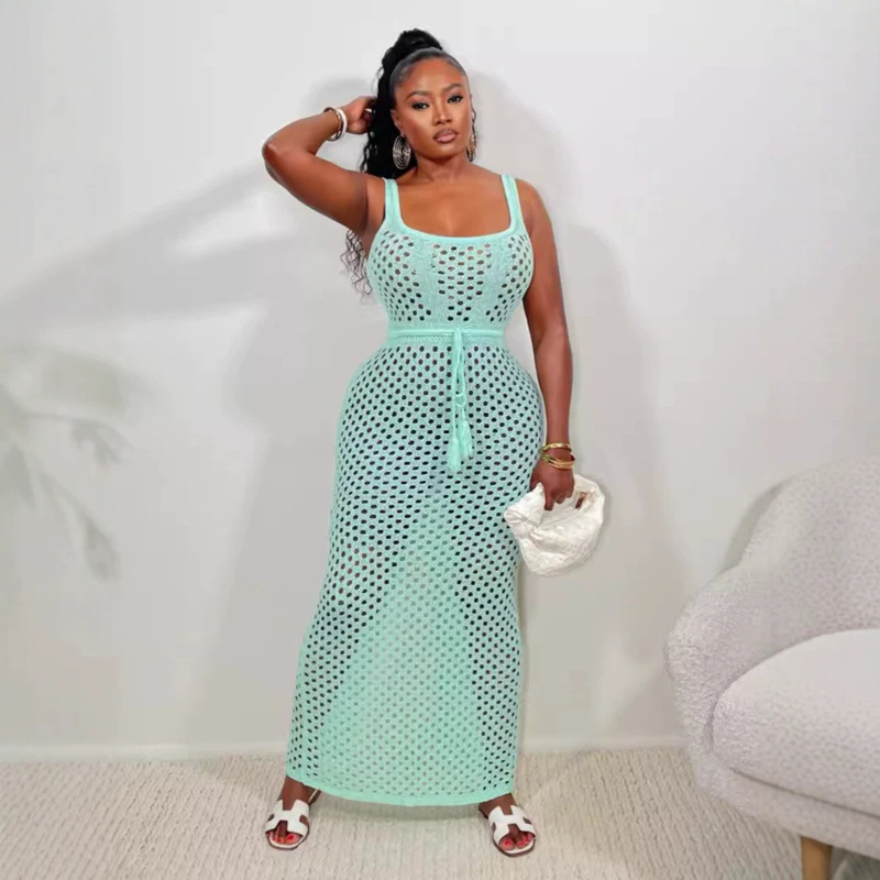 Amazon Foreign Trade 2024 Summer Women's New Style Tie Mesh Vest Top Hip-Covering Knitted Beach Long Skirt