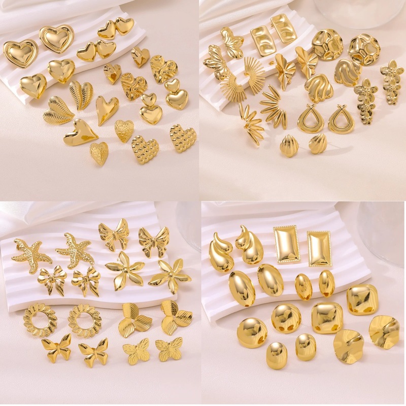 Cross-Border European and American Ins Style 18K Gold Stainless Steel Oil Pressure Earrings Asymmetrical Stainless Steel Earrings Manufacturer Wholesale Cross-Border European and American Ins Style 18K Gold Stainless Steel Oil Pressure Earrings Asymmetrical Stainless Steel Earrings Manufacturer Wholesale