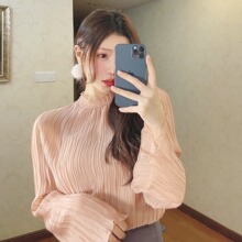 WZFS2121春夏日系 新品气质木耳边喇叭袖百褶雪纺衬衫上衣