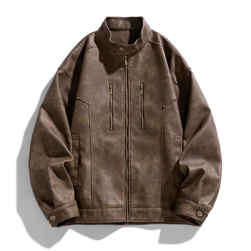 Chaqueta de cuero PU otoño / invierno 2023 nueva chaqueta de tendencia con solapa para hombres suelta y versátil chaqueta de abrigo casual