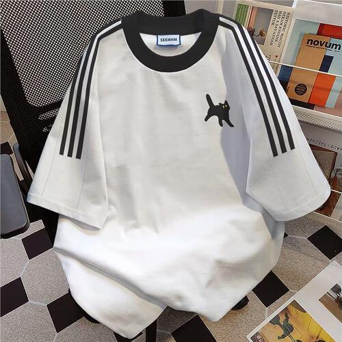 Special American Retro Three-Bar Short-Sleeve T-Shirt for Men and Women, Trendy Brand Letter Print Loose Half-Shirt