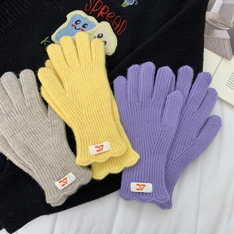 Guantes de lana de punto para mujeres otoño y invierno alargados y gruesos guantes de ciclismo de encaje caliente de color sólido con pantalla táctil