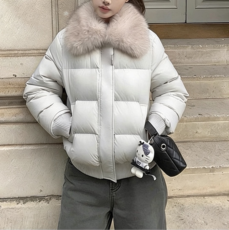 Soft Puff Jacket with Detachable Fur Collar, Warm 50% White Duck Down, Women's Winter Coat with High down Content