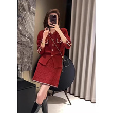 XZOXZO小洋装气质小香风圣诞订婚过年红色针织毛衣两件套装裙秋冬
