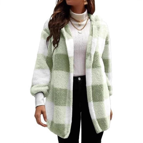 2025 Amazon Plaid Sherpa Jacket Women's Plaid Loose Long Fleece Hooded Cardigan Warm Jacket