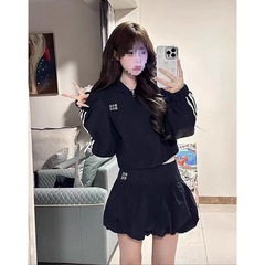 时尚套装女装蕾丝拼接短款黑色通勤夹克外套秋装花苞短裙两件套