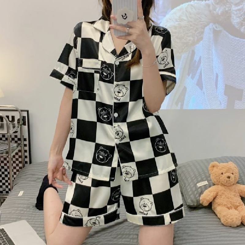 黑白格头像冰丝开扣-双短