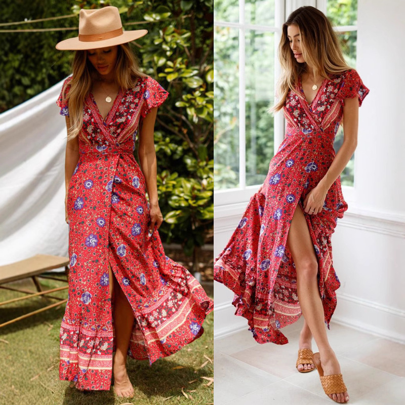 Cross-Border Amazon Aliexpress 2026 European and American Women's New Fashion V-Neck Slit Sexy Printed Dress Wholesale Cross-Border Amazon Aliexpress 2026 European and American Women's New Fashion V-Neck Slit Sexy Printed Dress Wholesale