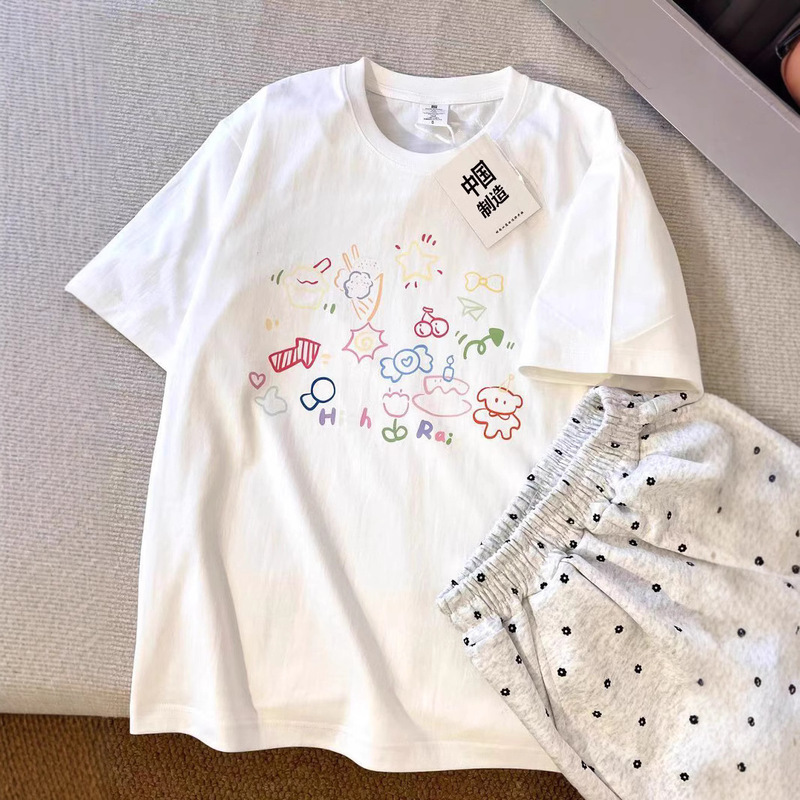 Children's Fun Graffiti Bear Simple Stroke T-shirt Women's Korean-style Sweet light blue Pure Cotton Small Size Loose Short-sleeved Summer