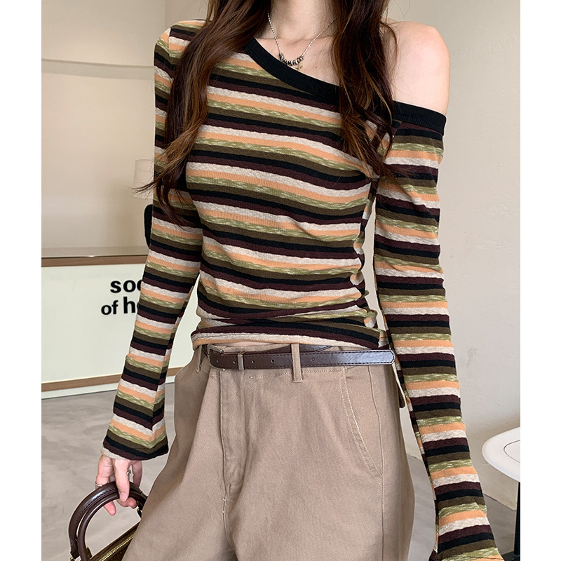 Real Shot # Striped Asymmetrical Long Sleeve T-Shirt for Women Early Autumn Base Shirt Color Block American Retro Hot Girl Off-Shoulder.