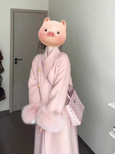 韩系财阀千金小香风粉色呢子外套女冬季2025新款长款宽松毛呢大衣