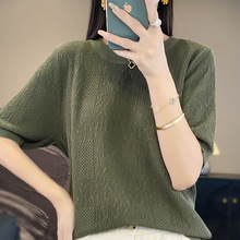 Z夏季新款仿亚麻圆领针织衫短袖T恤女气质百搭肌理感上衣打底