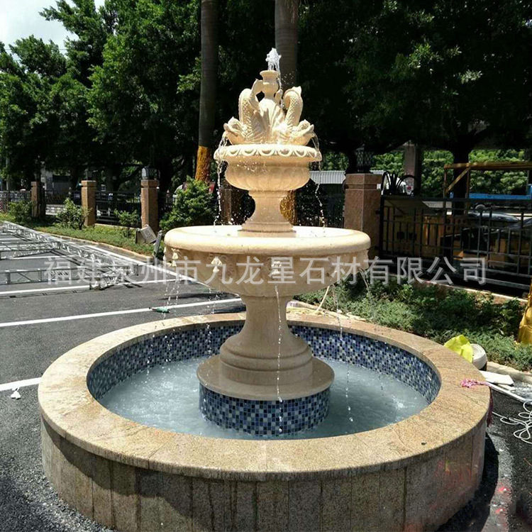 流水欧式喷泉黄锈石户外石雕水钵大型水景观庭院装饰摆件花盆石盘