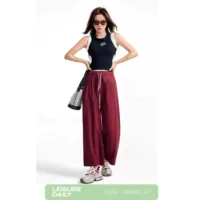 Knitted glutinous rice, trousers, high waist, loose straight fit
