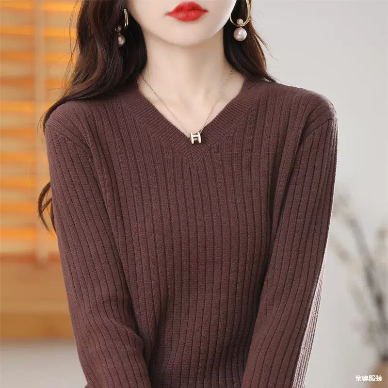 Свитер из хлопчатобумажной нити женский весенне-осенний новый V-образный вырез с длинными рукавами, сплошной цвет ямный свитер, свободная нижняя рубашка