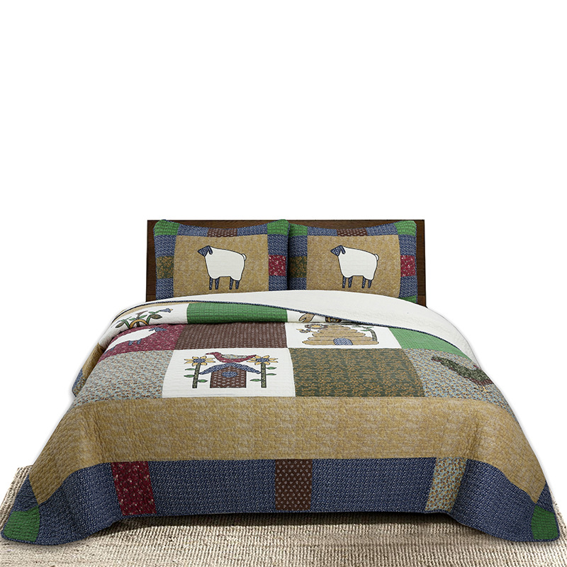 全棉绗缝被跨境欧式床上用品三件套单床拼接卡通小羊印花床盖被子
