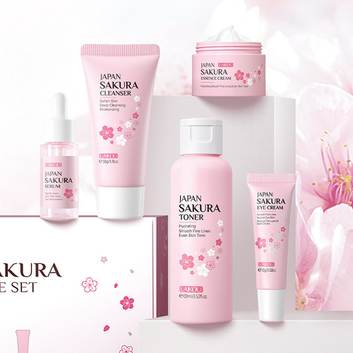 Cross-border LAIKOU Sakura Skin Care Gift Box 5-piece Set Essence Cream Brightening Water Facial Cleanser Moisturizing and Replenishing