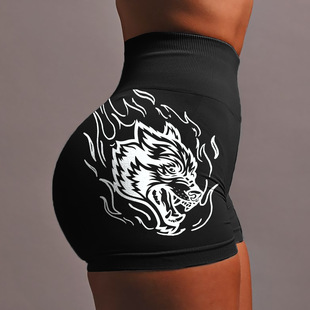 In-Stock Wolf Head Shorts Classic Wolves Yoga Pants Knitted Butt-Lifting Three-Quarter Pants Outdoor Running Sports Pants for Women