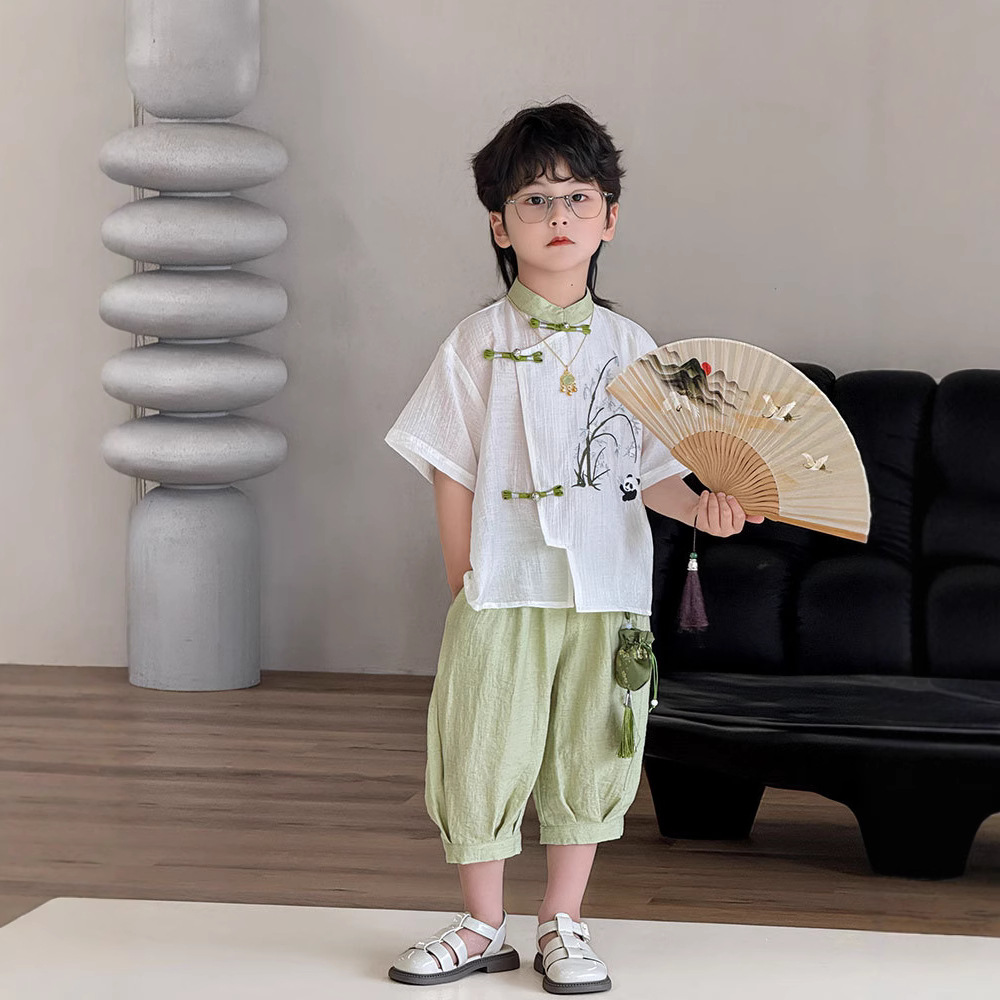 男童套装2025夏款国风汉服翠竹摇曳儿童唐装衬衫炸街一件代发潮