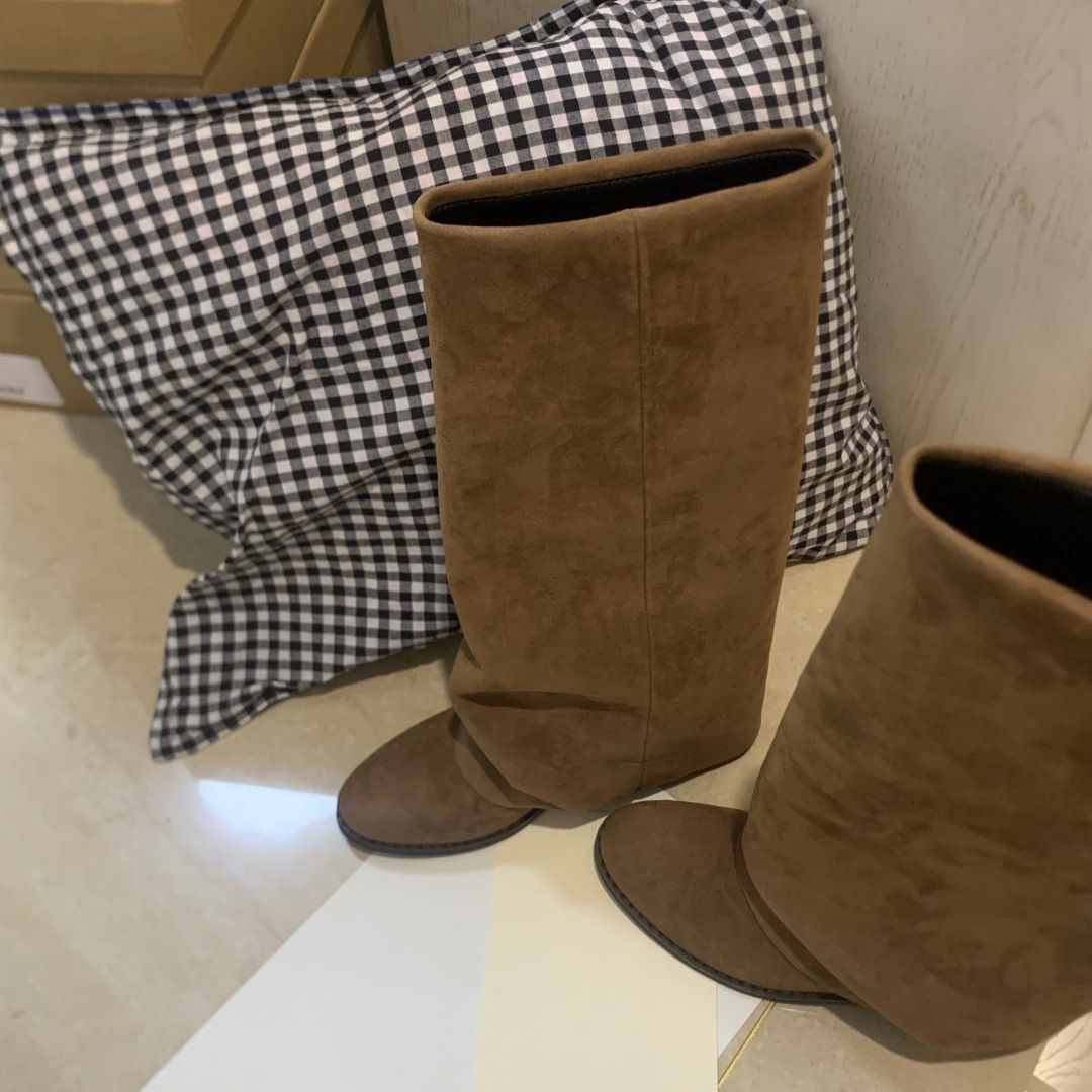 plush Women's Boots, Chunky Heel High Boots, Round Toe Low Heel Western Cowboy Boots 2025 Fall/Winter New Arrivals_voghion.com