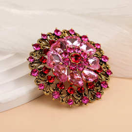 跨境新款胸花合金复古玫红雪花胸针水钻花环胸花别针礼服外套领针