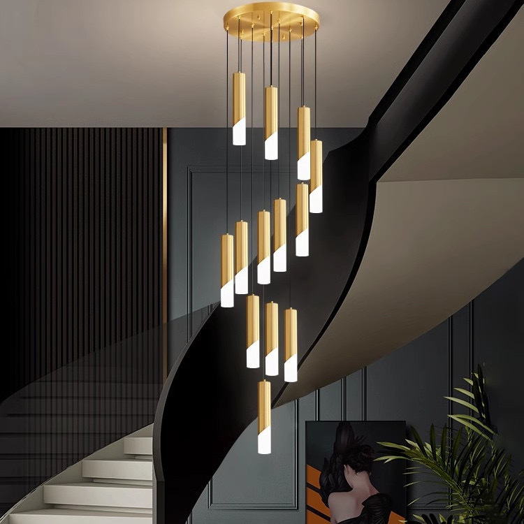 Candelabro de escalera, moderno, ligero, lujoso, simple y exquisito, edificio dúplex, villa, escalera vacía, lámpara de grúa larga giratoria