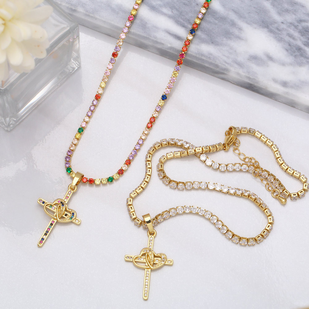 fashion single row diamond colored zircon heart cross copper clavicle chain