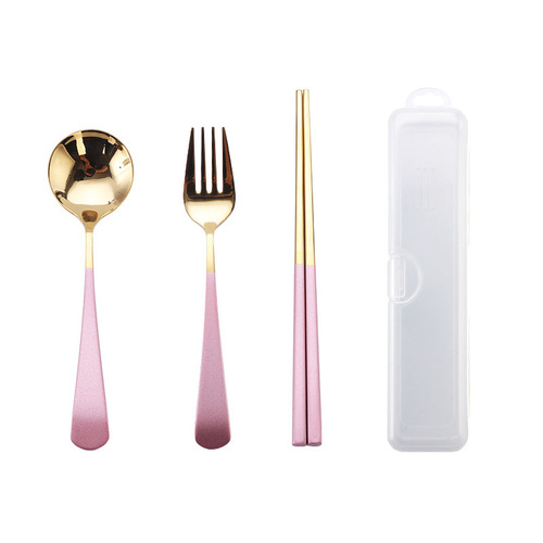 Jieyang 304 stainless steel three-piece fork, chopsticks, soup spoon gold-plated set gift student outdoor portable tableware