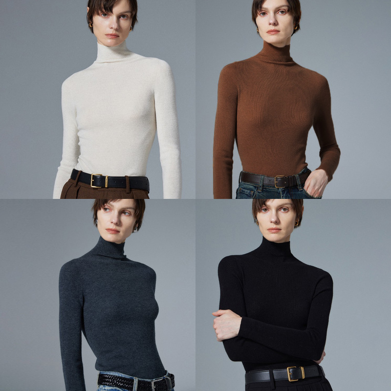 Solid Color 100% Wool Knitted Base Shirt for Women, Thin High-Neck Pullover Wool Sweater, Stacked Collar Warm Top 8820