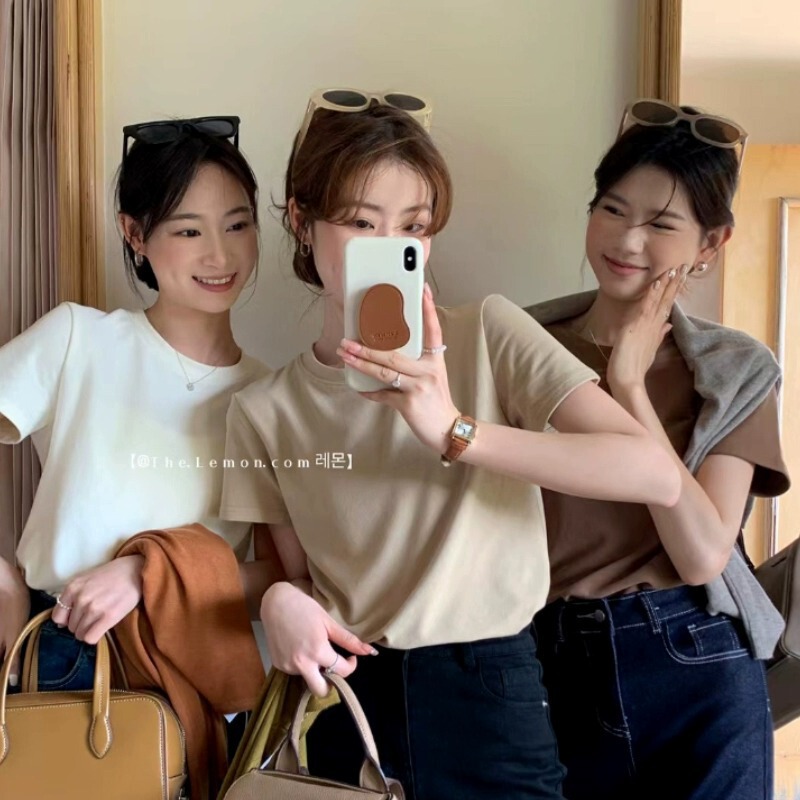 Petite Regular Shoulder Short-Sleeve T-Shirt for Women, White Korean Style, Loose Fit, New Summer Solid Color Inner Cotton T-Shirt