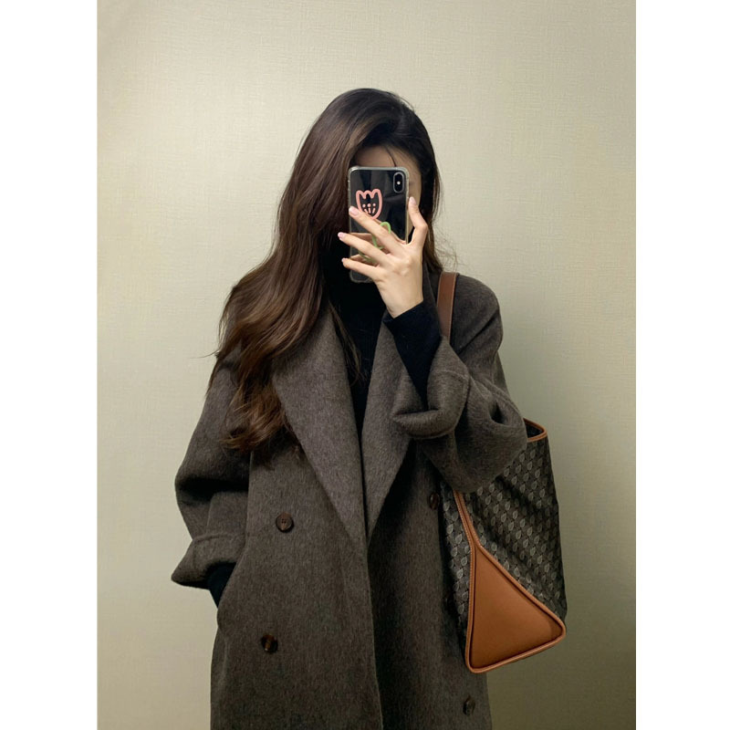 Down Lining Coat Brown down Jacket Women's Winter New High-End Mid-Length Woolen Outwear