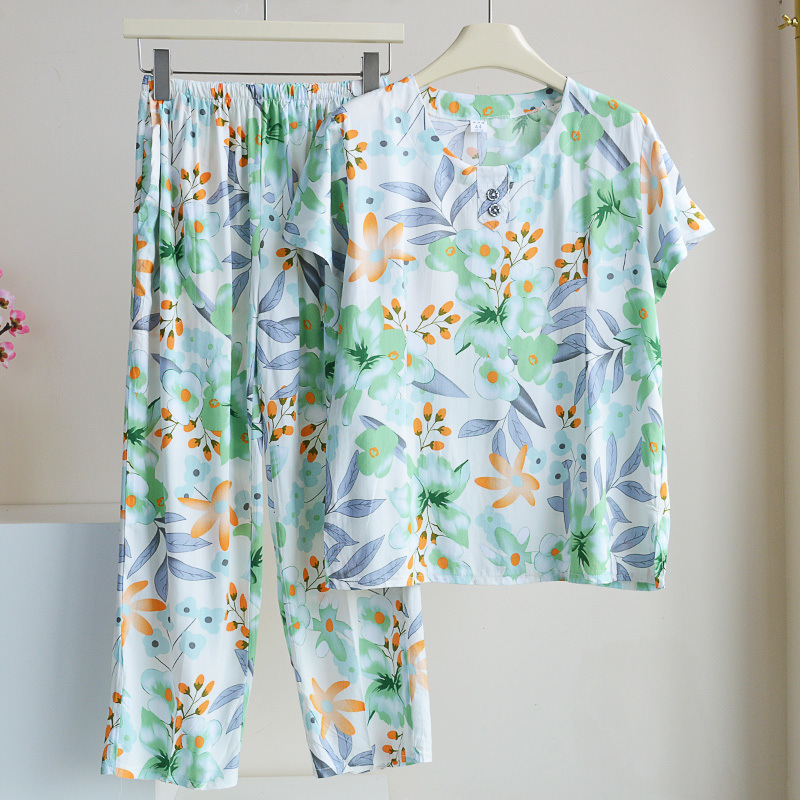 Can Be Worn Outside Pajamas Women's Summer Cotton Silk Suit Middle-Aged and Elderly Thin Short-Sleeved Mid-Length Pants Cotton Silk Home Clothes Two-Piece Set