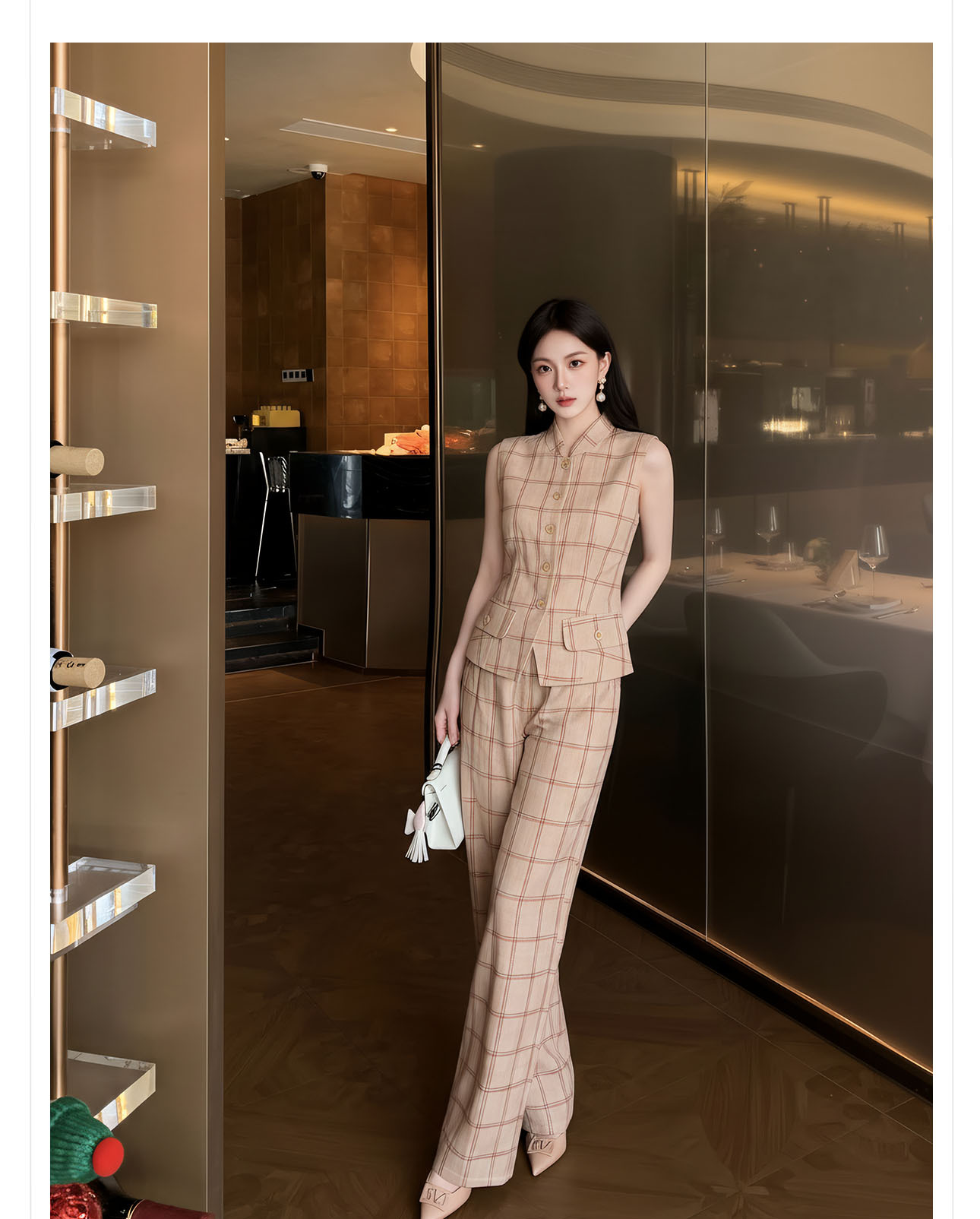 Bộ áo gile + quần dài nữ họa tiết kẻ caro thiết kế cổ điển, cài khuy vải, phối quần ống rộng — bộ đồ, Trang chủ, Quần dài chi tiết 2