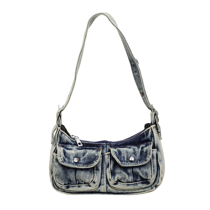 Multi Pocket Washed Denim Zip Shoulder Bag 7