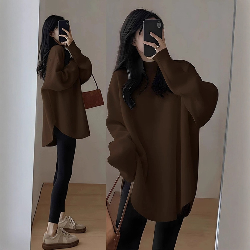 Sharkskin Pants Top Autumn and Winter Thickened Half-High Collar Long-Sleeve T-Shirt Coffee Color Mid-Length Loose Base Shirt for Women